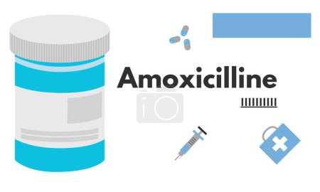 Ilustración de Amoxicilina nombre genérico de la droga. Es un antibiótico utilizado para tratar infecciones del oído medio, faringitis estreptocócica, neumonía, infecciones de la piel e infecciones del tracto urinario. - Imagen libre de derechos