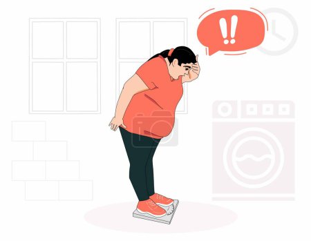 Illustration for Unhappy stunned woman stand on scales shocked by weight on screen upset surprised with obesity problems and weigthloss vector illustration - Royalty Free Image