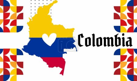 bannière de la fête nationale de la Colombie avec carte, drapeau couleurs thème fond et géométrique abstrait rétro moderne bleu rouge jaune design.