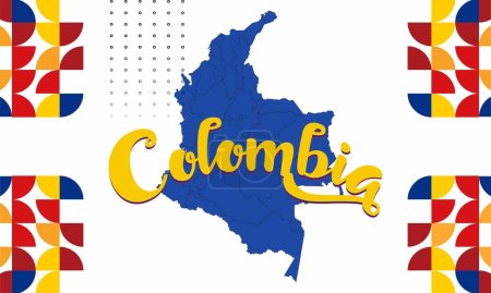 Kolumbien Nationalfeiertagsbanner mit Karte, Flaggenfarben Themenhintergrund und geometrischen abstrakten Retro modernen blau rot gelb Design.