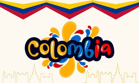 Kolumbien Nationalfeiertagsbanner mit Karte, Flaggenfarben Themenhintergrund und geometrischen abstrakten Retro modernen blau rot gelb Design.