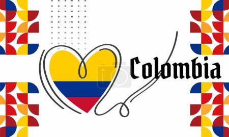 Colombia national day banner with map, flag colors theme background and geometric abstract retro modern blue red yellow design.