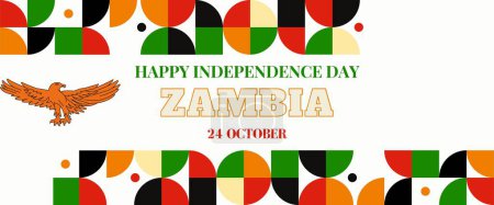 Téléchargez les illustrations : Bannière de la fête nationale de la Zambie pour anniversaire de l'indépendance. Drapeau de la Zambie et design rétro abstrait géométrique moderne. Concept vert et noir - en licence libre de droit
