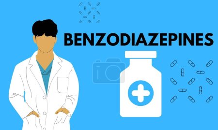 Benzodiazepine. Benzodiazepine Pillen in RX verschreibungspflichtigen Medikamenten Flaschenvektor Illustration 