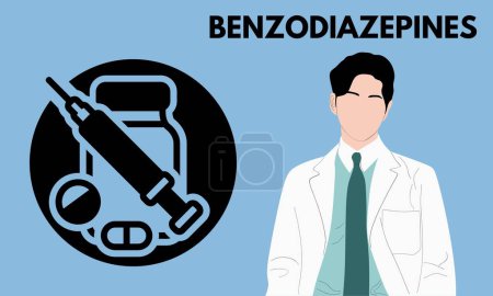 Des benzodiazépines. Pilules de benzodiazépines dans l'illustration vectorielle de bouteille de médicament d'ordonnance RX 