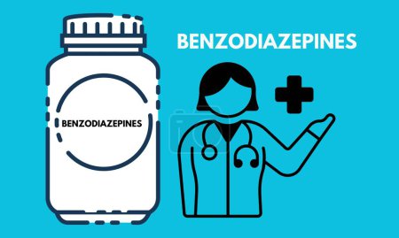 Téléchargez les illustrations : Des benzodiazépines. Pilules de benzodiazépines dans l'illustration vectorielle de bouteille de médicament d'ordonnance RX - en licence libre de droit