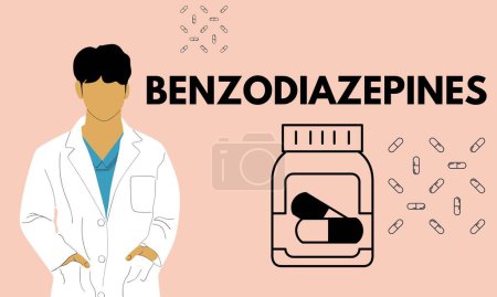 Téléchargez les illustrations : Des benzodiazépines. Pilules de benzodiazépines dans l'illustration vectorielle de bouteille de médicament d'ordonnance RX - en licence libre de droit