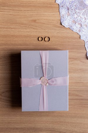 Photo for Wedding Album Flat lay on a wooden table - Royalty Free Image