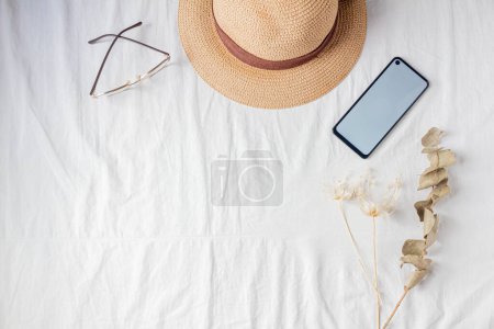 Photo for Flat lay composition with summer accessories and space for text - Royalty Free Image