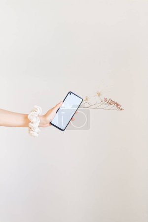 Téléchargez les photos : Jeune femme main avec scrunchie blanc au poignet tenant un téléphone portable écran vierge et quelques fleurs séchées - en image libre de droit