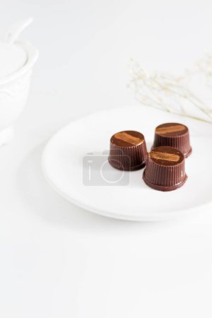 Téléchargez les photos : Bonbons gourmands au chocolat sur fond blanc. Style alimentaire minimaliste. - en image libre de droit