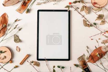 Foto de Tableta digital y marco con viejas películas de cámara, ramas secas de hojas de eucalipto y piezas de madera sobre fondo blanco. - Imagen libre de derechos