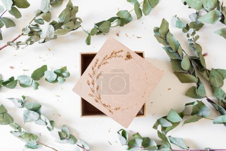 Téléchargez les photos : Cadre rond en feuilles et branches d'eucalyptus sur fond blanc avec boîte cadeau artisanale. - en image libre de droit
