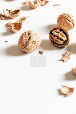 Photo for Cosy autumn aesthetic concept.  group of walnuts, nut shells and dry walnut kernels on white background. - Royalty Free Image