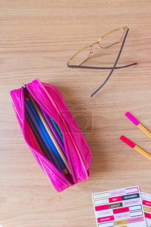 Photo for Artist home office desk workspace with stationery and glasses. Flat lay, top view. Cozy composition. - Royalty Free Image