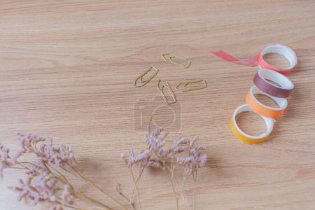 Photo for Home office desk with autumn colors washi tapes and stationary. Flat lay, top view business concept. - Royalty Free Image