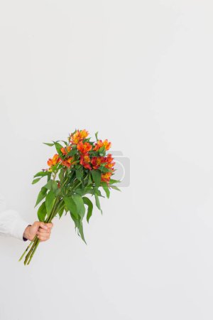 Téléchargez les photos : Main féminine tient bouquet de fleurs orange sur fond blanc. Concept floral printanier. - en image libre de droit
