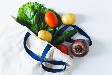 Foto de Vista superior de la bolsa ecológica llena de verduras frescas en blanco - Imagen libre de derechos