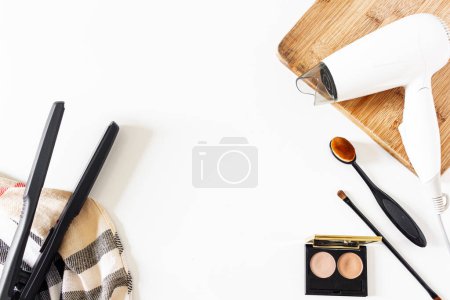 Photo for Beauty collage with cosmetics, straightener and hair dryer on white background. Flat lay, top view. - Royalty Free Image