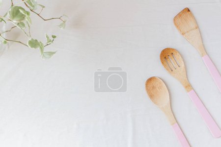 Foto de Vista superior de utensilios de cocina con planta verde a un lado sobre un fondo blanco. Concepto de cocina. - Imagen libre de derechos