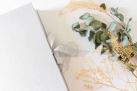 Téléchargez les photos : Album photo de mariage ou de famille sur une boîte gris clair, branches d'eucalyptus et feuilles sur fond blanc. Couché plat, vue du dessus, - en image libre de droit