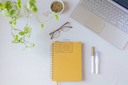 Photo for Modern office desk workspace with laptop, notebook, stationery supplies and green plant on white background. - Royalty Free Image
