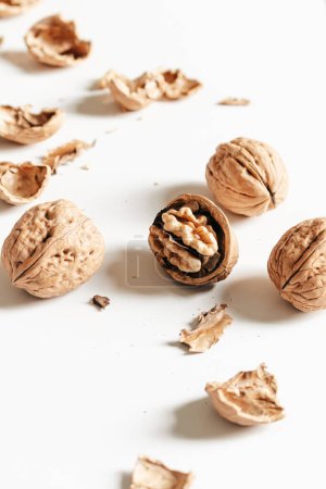 Photo for Cosy autumn aesthetic concept.  group of walnuts, nut shells and dry walnut kernels on white background. - Royalty Free Image