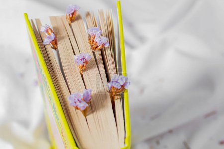 Téléchargez les photos : Automne, composition d'automne. Un livre sur le drap de lit blanc, avec des fleurs minuscules lilas séchées à travers les pages. Couché plat, vue du dessus. - en image libre de droit