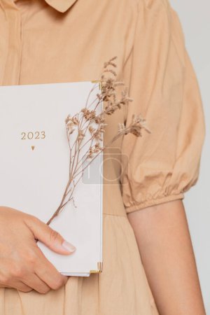 Photo for Cropped shot of woman wearing a beige dress, holding a 2023 planner and wildflowers. Aesthetic composition. - Royalty Free Image