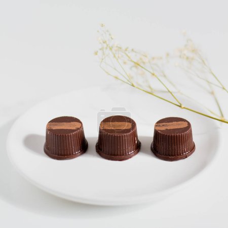 Téléchargez les photos : Bonbons gourmands au chocolat sur fond blanc. Style alimentaire minimaliste. - en image libre de droit