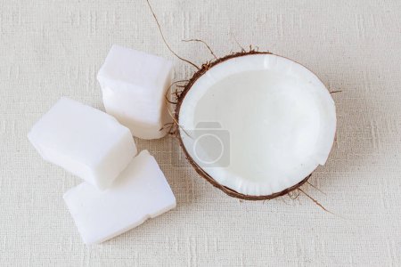 Photo for Coconut, coconut soap on white background. Eco cleaning. Natural spring cleaning. Eco friendly concept. - Royalty Free Image