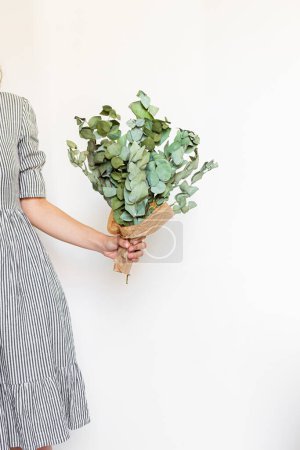 Téléchargez les photos : Fleuriste faisant un bouquet d'eucalyptus sur fond blanc. Fleuriste concept minimal. - en image libre de droit