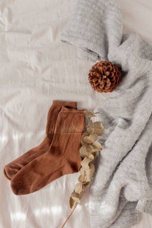 Téléchargez les photos : Composition hivernale. Une tasse de café couchée sur le lit en lin beige avec des chaussettes chaudes brunes, de l'eucalyptus et du pin. Lifestyle, mode concept saisonnier. - en image libre de droit