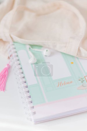 Photo for Feminine composition with notepad on white background. - Royalty Free Image