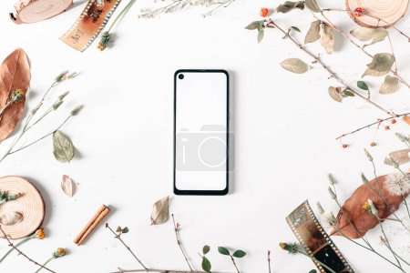 Photo for Frame with dry autumn leaves, vintage camera films, wood pieces, cinnamon, berries and mobile phone on white background. Fall, autumn concept. Mock up, flat lay. - Royalty Free Image