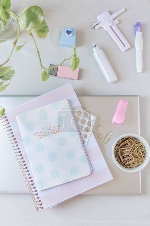 Photo for Modern office desk workspace with laptop, notebook and stationery on white background. Top view, flat lay. Feminine lifestyle, workspace concept. - Royalty Free Image