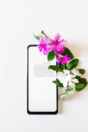 Téléchargez les photos : Smartphone avec écran blanc, espace de copie et fleurs violettes et blanches sur fond blanc. Couché à plat, vue de dessus. Concept de printemps. - en image libre de droit