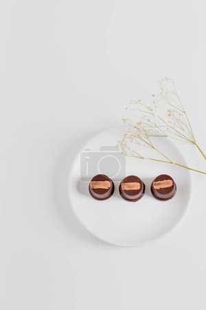 Photo for Gourmet chocolate candies on white background. Minimalist food styling. - Royalty Free Image