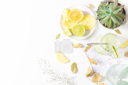 Photo for Summer cold drink concept. Glass with green lemonade and sliced citrus fruits with dried leaves and green plant on white background. - Royalty Free Image
