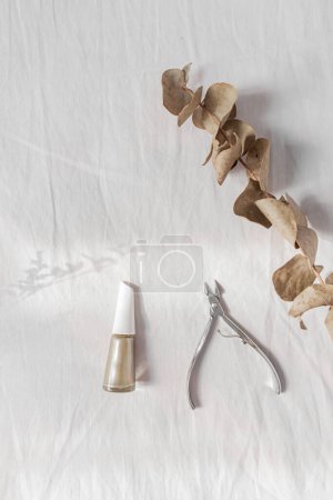 Photo for Lifestyle flat lay, top view, composition with nail polish and cuticle nippers. Manicure concept. - Royalty Free Image