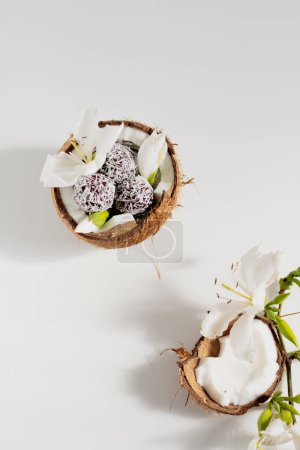 Téléchargez les photos : Bonbons au chocolat et à la noix de coco sur bol de noix de coco décoré de fleurs blanches - en image libre de droit