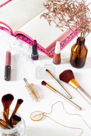 Photo for Beauty collage with cosmetics and accessories on white background. Flat lay, top view. Modern woman concept. - Royalty Free Image