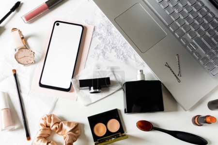 Photo for Flat lay composition with laptop, cosmetics and accessories on white background - Royalty Free Image