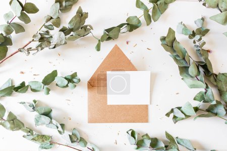Téléchargez les photos : Cadre rond en feuilles et branches d'eucalyptus sur fond blanc avec enveloppe artisanale. - en image libre de droit