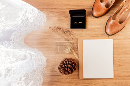 Photo for Vintage bridal shoes on a wooden table. Flat lay, top view. Wedding preparation concept. - Royalty Free Image