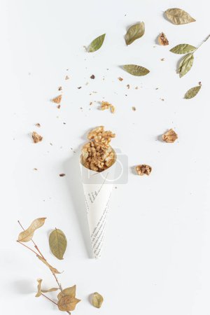 Téléchargez les photos : Vue de dessus des cerneaux de noix en cône de papier avec des feuilles sèches et des coquilles de noix autour sur fond blanc. Cosy composition esthétique d'automne - en image libre de droit