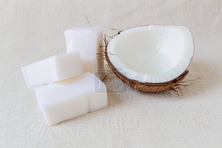 Photo for Coconut, coconut soap on white background. Eco cleaning. Natural spring cleaning. Eco friendly concept. - Royalty Free Image