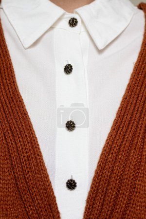 Photo for Young pretty woman in brown sweater and white shirt. Fall, autumn fashion composition. - Royalty Free Image