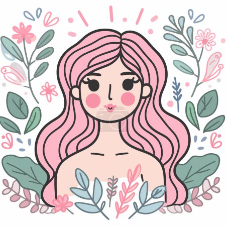 A whimsical pastel doodle featuring a woman and leaf designs