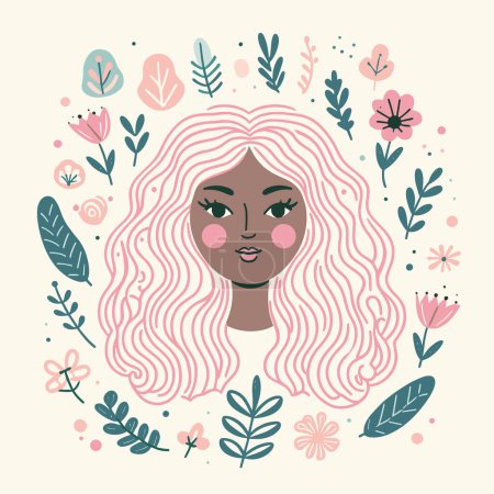 Pink-haired woman in pastel doodle art surrounded by leaf designs